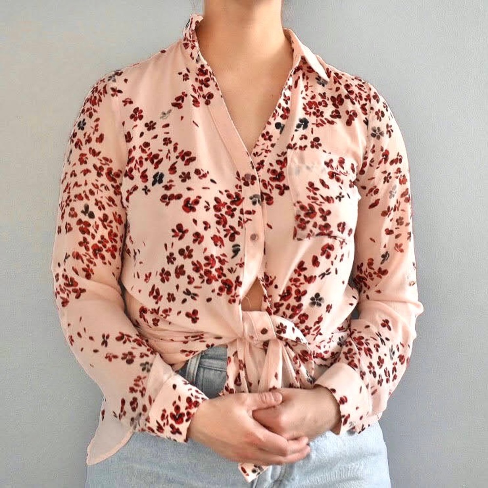Candies Light Pink Red Floral Lightweight Button Down Long Sleeved Blouse